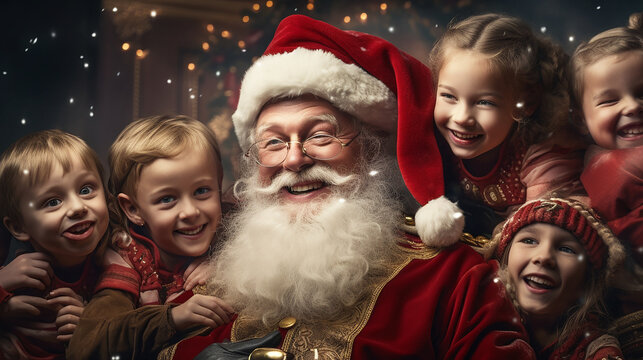 Santa Claus with children, Christmas illustration