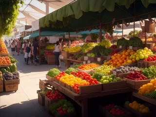 Fototapeta premium Organic fresh fruit and vegetables on a street farmers market, stalls full of healthy food.