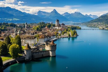 Aerial view of Luzern's old town wall with the Alps and Lake Luzern in the background, Switzerland. Generative AI
