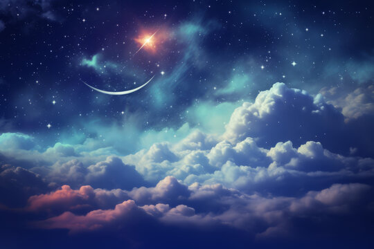 Moon in starry night over clouds