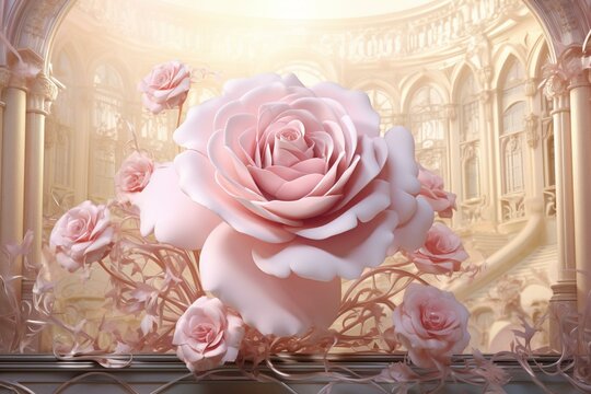 Exquisite, ethereal pink rose with graceful fluid patterns in a stunning architectural backdrop. Enveloped in a romantic ambiance. Generative AI