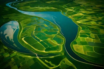 Aerial view of a river delta with lush green vegetation and winding waterways 