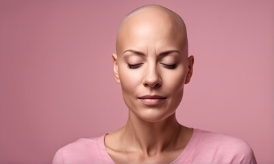 Beautiful woman fighting breast cancer. Concept of battle against cancer a woman without hair chemotherapy treatment pink October