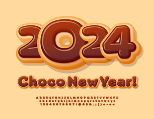 Vector tasty wish card Choco New Year 2024! Chocolate Donut style Font.  Sweet Alphabet Letters and Numbers set