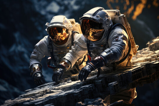 Astronauts conducting a spacewalk to repair the exterior of a spacecraft. Generative Ai. - Powered by Adobe