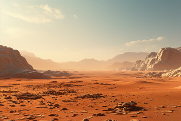 The red Martian landscape with a distant spacecraft visible. Generative Ai.