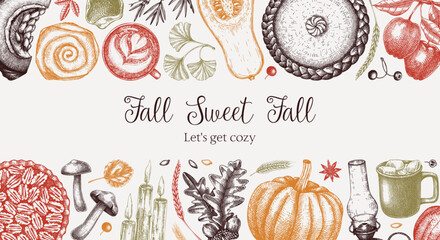 Vintage autumn frame design template. Hand-drawn vector illustration. Pumpkin, hot drink, fruit, pie, pastry, fall leaves sketches. Thanksgiving background in color.