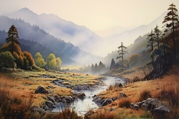 This watercolor landscape captures the serene morning light in the mountains. Generative AI