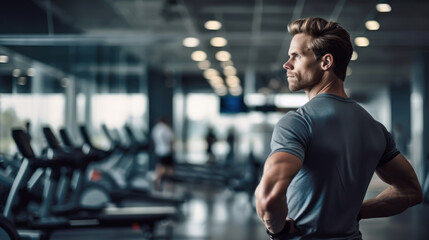 Fototapeta na wymiar instructor man with a muscular build preparing for running machine in a spacious gym. Personal trainer in a modern fitness center. Generative Ai