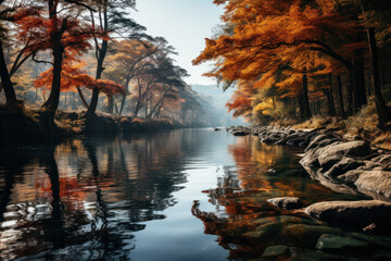 Obraz premium A tranquil river winds its way through a forest, reflecting the rich tapestry of autumn colors along its banks. Concept of Reflective Waters. Generative Ai.