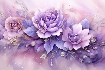 Soft purple floral background with roses and gemstones. Digital art illustration. Generative AI
