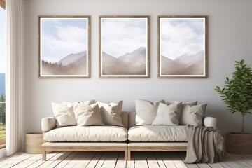 Cozy living space with comfortable seating and stylish accents. Three blank frames for displaying art or photos. Generative AI