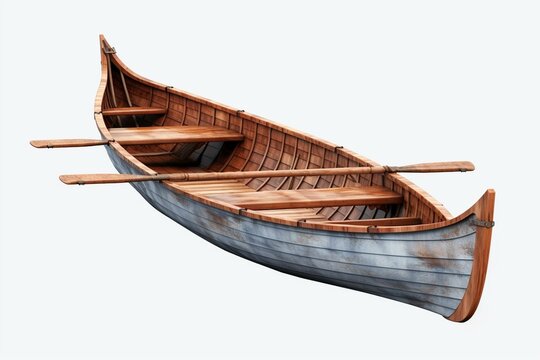 3D illustration of a vintage wooden rowboat with oars on a transparent background. Generative AI