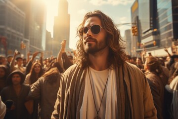 Jesus in a crowd in a modern city.