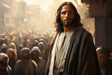 Jesus in a crowd in a modern city.