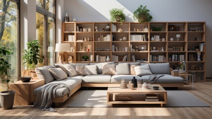 Obraz premium Bright living room interior with large sofa and bookshelves