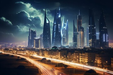 Fototapeta na wymiar Nighttime cityscape of Riyadh with notable buildings in the skyline. Generative AI