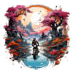 An artistic motarsaikal biker t-shirt design with a surreal twist, the biker navigating through a psychedelic world of swirling colors and abstract shapes, Generative Ai