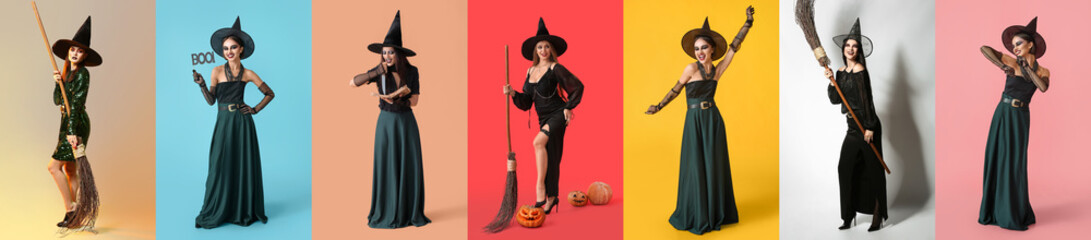 Set of women dressed as witches for Halloween party on color background
