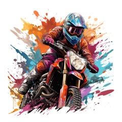 A vibrant motarsaikal biker t-shirt design capturing the essence of street art, the biker riding through a colorful urban landscape filled with graffiti and murals, Generative Ai