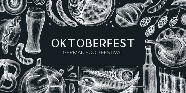 Oktoberfest background. German food and drinks menu design template. Meat dishes sketches. German cuisine vintage frame. Traditional beer festival banner. Oktoberfest party on chalkboard