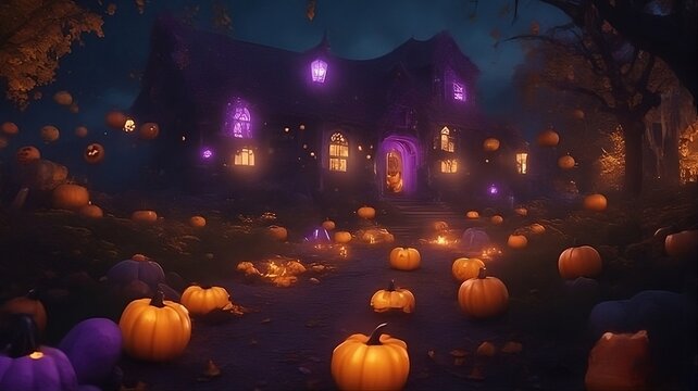 Halloween background with smashed pumpkins jack-o-lantern and a spooky house at night, with neon purple lights