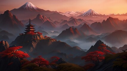 sunrise in the mountains, over a lone Japanese house - obrazy, fototapety, plakaty