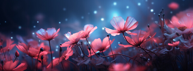 a filed of pink flowers on the blue sky, in the style of pastel dreamscapes,