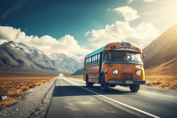 A bus on the road, symbolizing tourism and travel. Generative AI