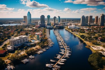 Aerial view above Hillsborough River towards Tampa downtown. Generative AI