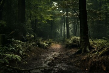 An atmospheric woodland with a sophisticated and intellectual vibe. Generative AI - obrazy, fototapety, plakaty