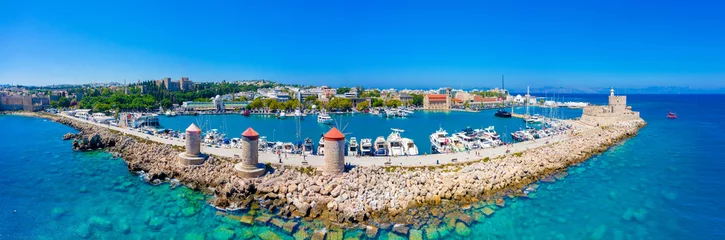 Foto op Canvas Mandraki port with fort of St. Nicholas and windmills, Rhodes, Greece.  © gatsi