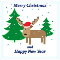 Cheerful deer in a New Year hat congratulations