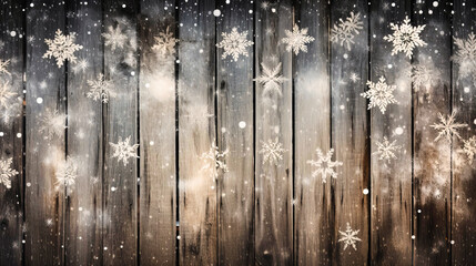 Fresh snowflakes alighting on an old wooden fence,