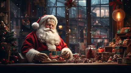 Santa Claus getting ready for Christmas Eve - obrazy, fototapety, plakaty