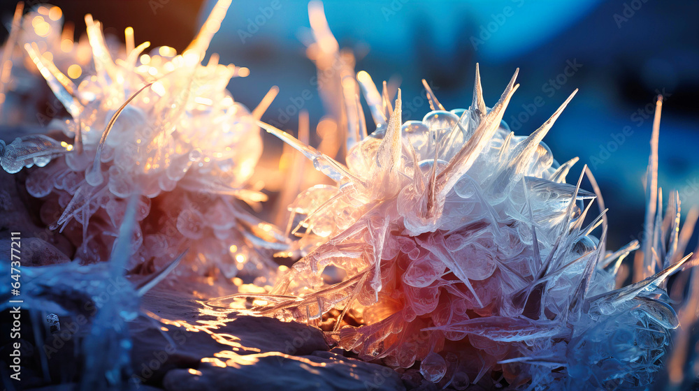 Poster ice webs draping from the tips of cactus spines