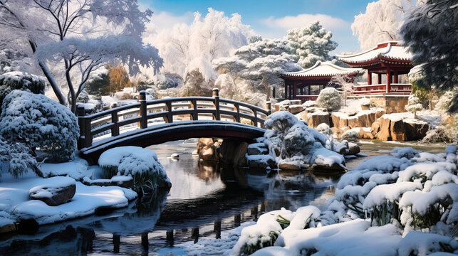 A snow-blanketed footbridge in a serene Zen garden