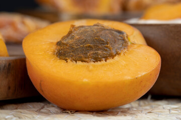 fresh juicy peach on the table, close up