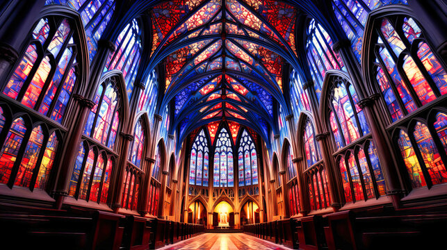 Cathedral ceilings with stained glass windows