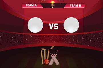 Cricket match between team a vs b with cricket bat, ball, stump and winning cup trophy