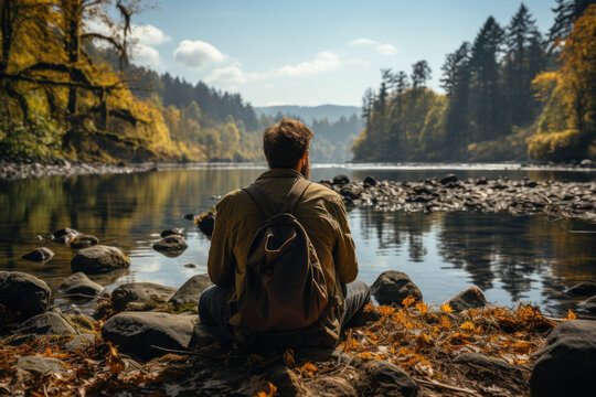 A person sits by a calm lake, engrossed in journaling as a way to process thoughts and emotions and prioritize mental wellness. Generative Ai.