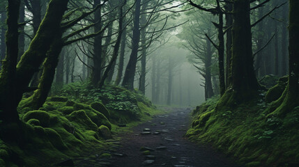 Fototapeta premium Foggy forest path in the morning