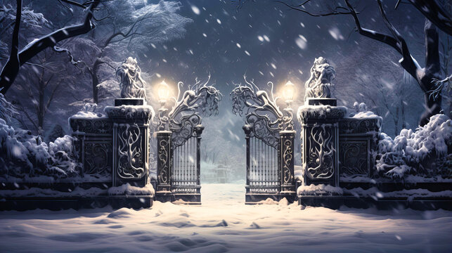 Snow quietly cloaking the wrought-iron details of a gate,