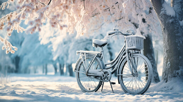 Snow outlining the curves of a vintage bicycle,