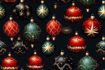 Christmas seamless repeating pattern of green and red Christmas ornaments on a dark blue background