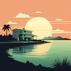 Large mansion by the beach during the sunset retro style