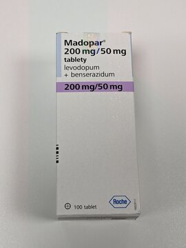 Prague,Czech republic-August 16 2023:Madopar-Levodopum and benserazidum active substances is an oral formulation of levodopa and the decarboxylase inhibitor benserazide.Parkinson's disease,(RLS)Roche