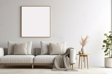 Modern living room with empty vertical picture frame on white wall and mock up interior in contemporary style. Generative AI