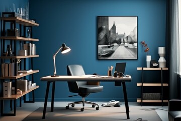 Stylish office with blue walls; room for work and creativity. Generative AI