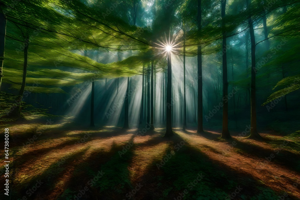 Poster an ultra-realistic image of a serene forest glade where trees are woven together with iridescent thr